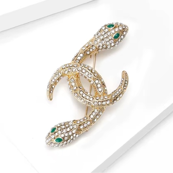 Serpenti Snake Gold Crystal Green Eyes Brooch - Picture 3 of 9